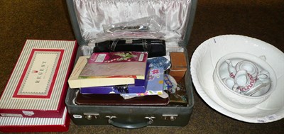 Lot 385 - Handbags, stockings, gloves, dolls, buttons, clock and other items (suitcase) and two regent...