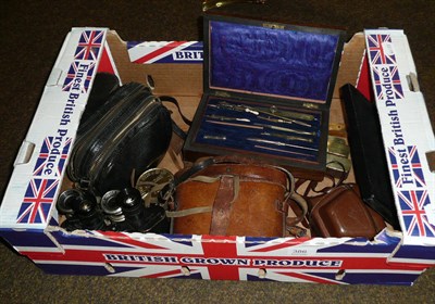 Lot 386 - A box of mixed collectables, including spirit levels, binoculars, drawing instruments, camera etc