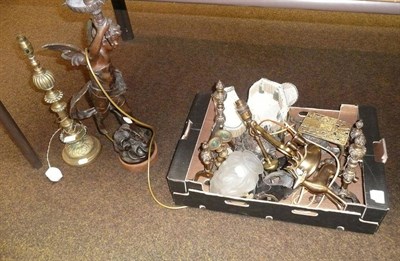 Lot 389 - Spelter figural table lamp and glass shade, brass lamps, metalwares etc