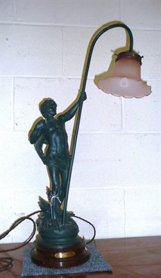 Lot 398 - A French spelter lamp on a marble effect base, labelled "La Chase"