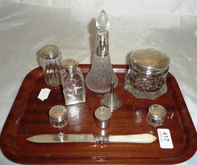 Lot 417 - Silver mounted glass dressing table bottles, scent bottle, silver funnel, silver fruit knife etc