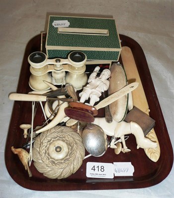 Lot 418 - Ivory binocular, ivory mounted nail buffer, figures etc