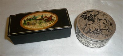 Lot 421 - A papier mache snuff box, and a silvered box of George and the dragon