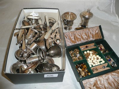 Lot 426 - Assorted sconces, flatwares etc and a green jewellery box enclosing costume jewellery etc