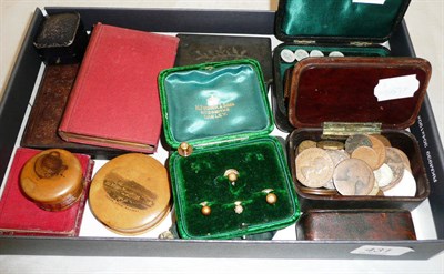 Lot 431 - Collar studs, Victorian snuff boxes, coins, gaming tokens etc