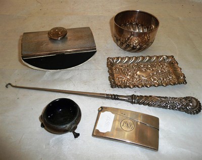 Lot 432 - Silver sugar bowl, silver pin dish, silver card case, silver salt, silver blotter, silver...