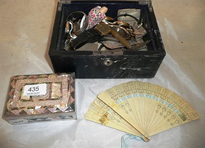 Lot 435 - Assorted costume jewellery, lace bobbins, modern watches in a blue leather jewellery box and mother