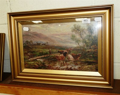 Lot 463 - E Steele, oil on canvas, highland cattle in landscape