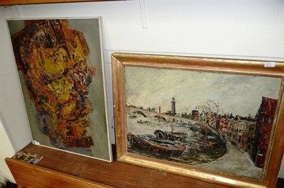 Lot 471 - Krome Barratt, abstract oil on board, and another oil painted impasto of a canal scene,...