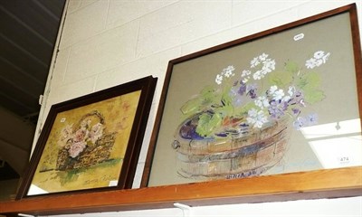 Lot 474 - Framed oil basket of flower, and a pastel of basket if flowers both signed Esther Craig (2)