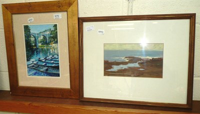 Lot 476 - Framed gouache coastal scene with figures, initialled 'MH' (Marie Hennessy) and a modern acrylic by