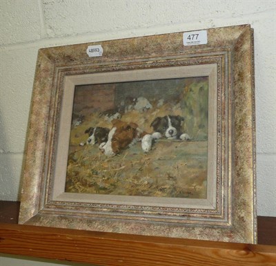 Lot 477 - Modern framed oil on canvas of Collie puppies signed Neville Barker