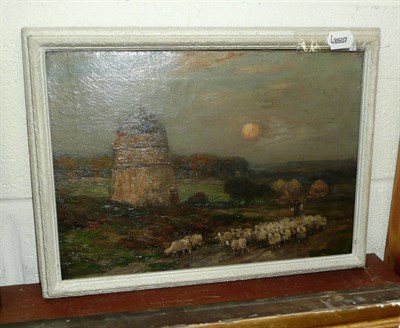 Lot 479 - Small oil painting by Owen Bowen, a shepherd and sheep at twilight