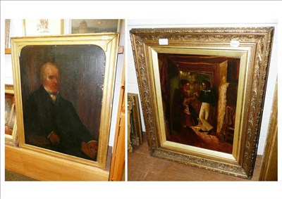 Lot 480 - Oil painting portrait of a gentleman, another oil painting - figures beside a cottage door (2)