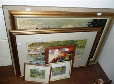 Lot 487 - Framed oil on canvas, river view signed John V Rayson 1963, pair of small modern watercolours...