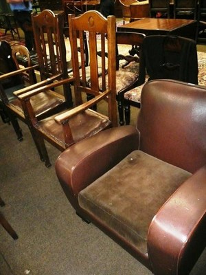 Lot 584 - Pair of oak carver chairs with leather seats, circa 1930s leather chair and mahogany dining...