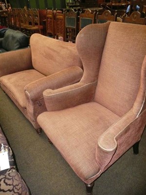 Lot 590 - Victorian two seater drop end settee and matching wing arm chair upholstered in chenille