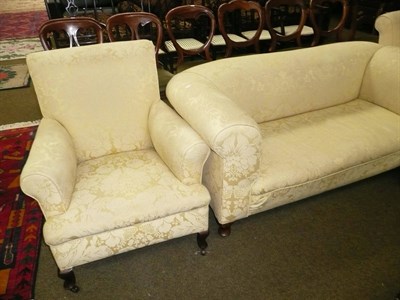 Lot 594 - Victorian drop end sofa and a pair of matching armchairs in yellow damask