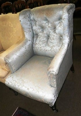 Lot 595 - Victorian upholstered button back armchair, upholstered in Eau de Nil damask