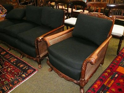 Lot 598 - Early 20th century mahogany double cane three piece bergere suite