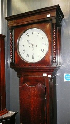 Lot 640 - Oak cased eight day grandfather clock with white enamel circular dial