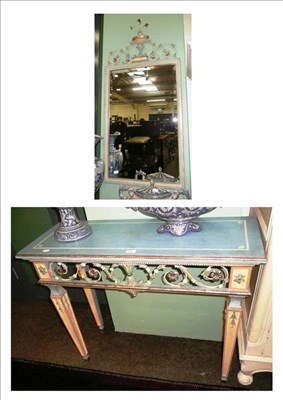 Lot 649 - Modern painted console table with painted metal floral frieze and matching wall mirror