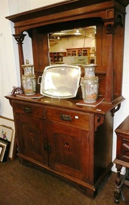 Lot 671 - Oak Arts and Crafts inlaid mirror back sideboard