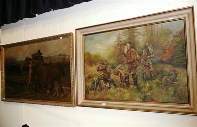 Lot 689 - Large oil painting indistinctly signed, possibly after Wright Barker, farmer with Shire horses...