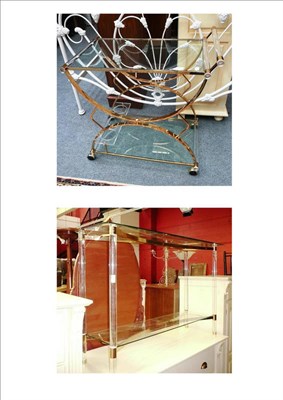 Lot 711 - Modern glass and brass two tier console table and a similar trolley (2)