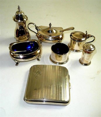 Lot 5 - A silver cigarette case, a three piece cruet set, a two piece cruet set and a pepperette (7)
