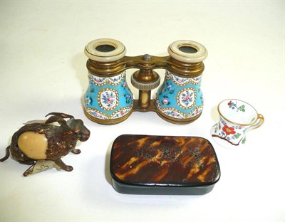 Lot 9 - A pair of enamelled opera glasses, a hare-shaped novelty tape measure, a snuff box and a...