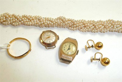 Lot 13 - A pair of ball stud earrings, a 22ct gold ring, two watch faces and bracelet