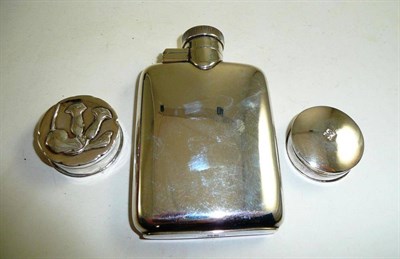 Lot 15 - Silver hip flask and two small circular boxes