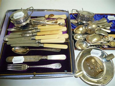 Lot 28 - Silver including cased child's cutlery, cased knife and fork, six grapefruit spoons, two sets...