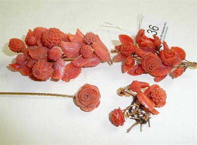 Lot 36 - Coral brooches, earrings and a pin
