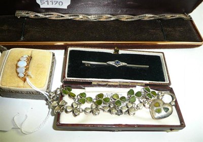 Lot 44 - A silver plaited bracelet, a hardstone set bracelet, a bar brooch and an opal five stone ring
