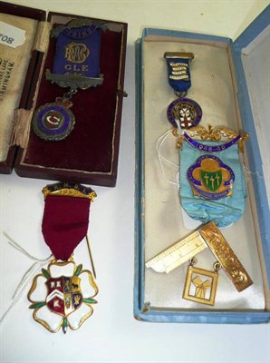 Lot 45 - A silver gilt Masonic medal, a silver and enamel medal and two others (4)