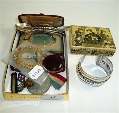 Lot 47 - Six silver teaspoons, miniature oval frame in case, 'Elizabeth' brooch, bangle stamped '925', etc