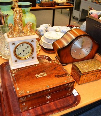 Lot 61 - A mantel clock, rosewood mother of pearl inlaid box and a tea caddy and an alabaster mantel...
