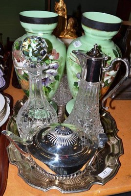 Lot 77 - A pair of Continental vases, plated tray, glass decanter etc