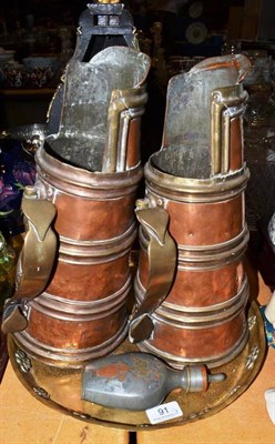 Lot 91 - Pair of Mongolian tea pots, inlaid pewter feeder and brass charger