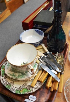 Lot 95 - Green triple ring deck decanter and stopper, Dresden cup, china and flatware, blue and white...