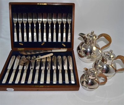 Lot 99 - Mother of pearl handled fish cutlery (cased), similar pair of fish servers and a graduated set...