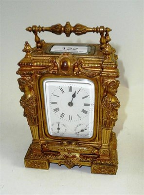 Lot 122 - Gilt brass carriage clock with two subsidiary dials for day and date