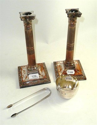 Lot 129 - Silver tumbler, Georgian silver sugar tongs and a pair of plated candlesticks