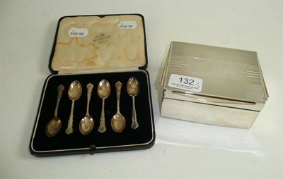 Lot 132 - Silver cigarette box and set of six silver teaspoons