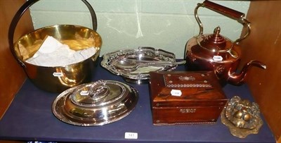 Lot 141 - Rosewood tea caddy, copper kettle, brass preserve pan, brass knocker, linen and lace cover,...