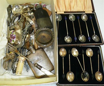 Lot 150 - Silver hip flask, teaspoons, silver napkin ring, plated wares, button hooks, hair comb and...