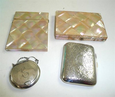 Lot 153 - Two mother of pearl card cases, a silver cigarette case and a small purse