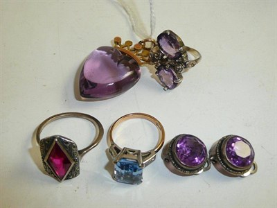 Lot 156 - Two rings (one set with a synthetic spinel), a heart shaped pendant, earrings